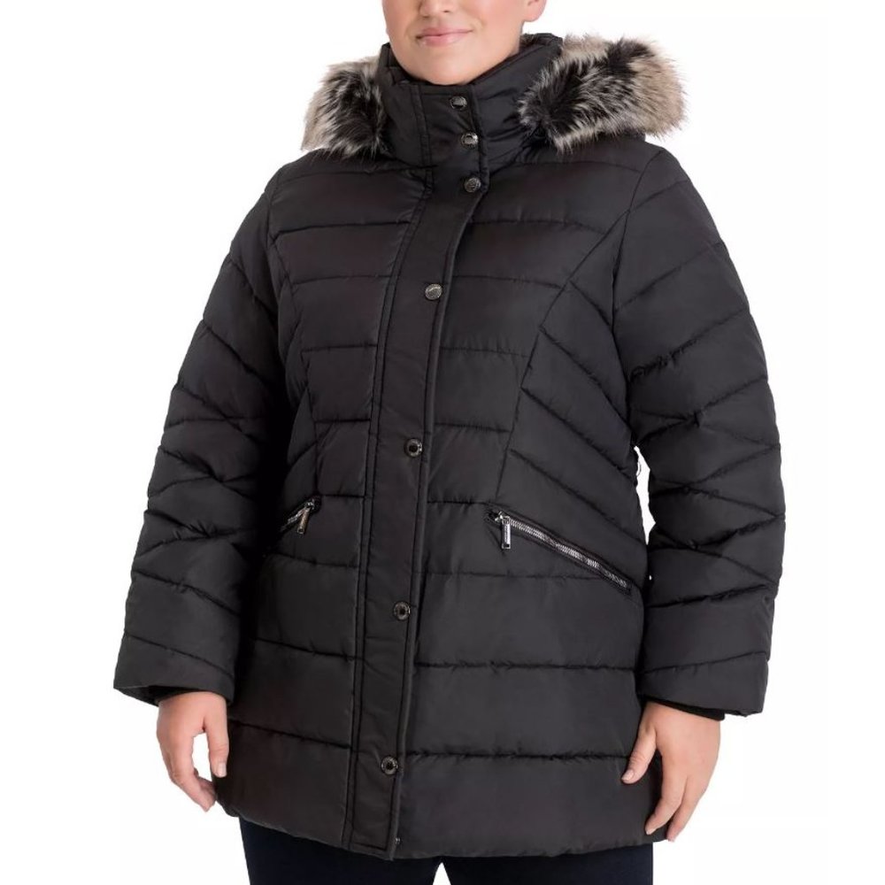 Faux-Fur-Trim Hooded Down Puffer Coat